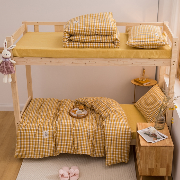 91家纺网 家纺一手货源 找家纺 柠萌 新款A类全棉色织水洗棉学生上下铺全棉三件套 姜黄小格