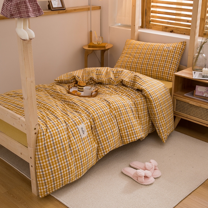 91家纺网 家纺一手货源 找家纺 柠萌 新款A类全棉色织水洗棉学生上下铺全棉三件套 姜黄小格