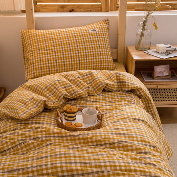 91家纺网 家纺一手货源 找家纺 柠萌 新款A类全棉色织水洗棉学生上下铺全棉三件套 姜黄小格