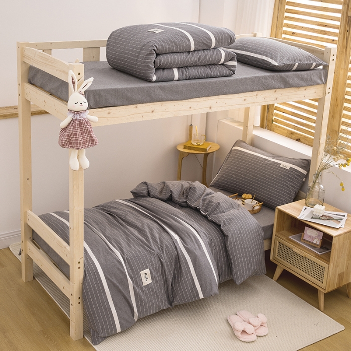 91家纺网 家纺一手货源 找家纺 柠萌 新款A类全棉色织水洗棉学生上下铺全棉三件套 宽双线冷灰