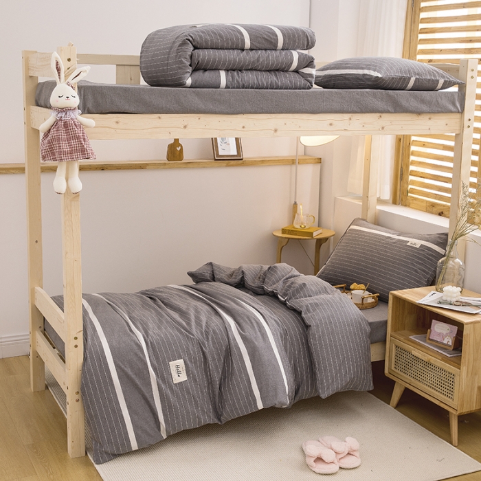 91家纺网 家纺一手货源 找家纺 柠萌 新款A类全棉色织水洗棉学生上下铺全棉三件套 宽双线冷灰