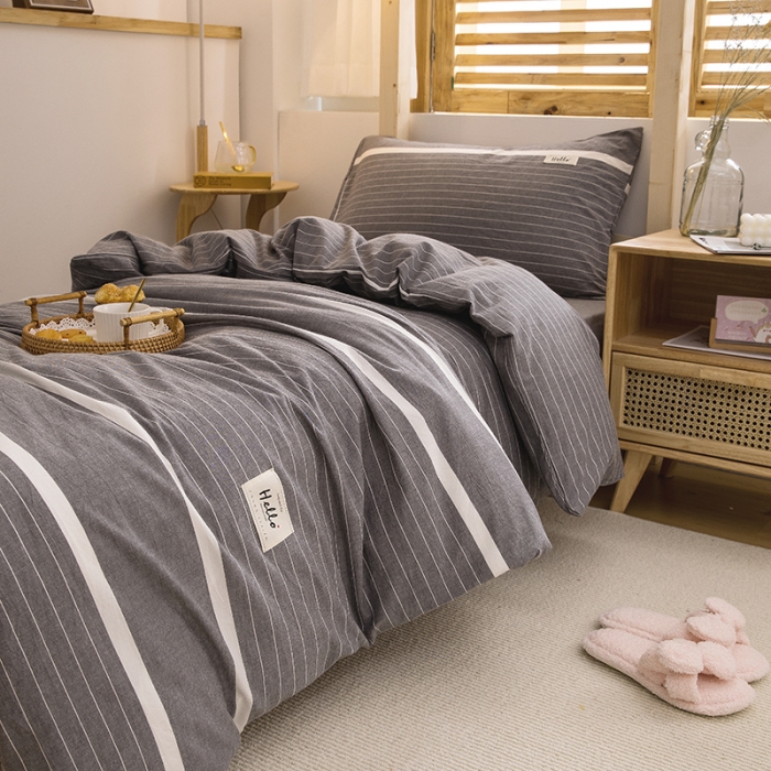 91家纺网 家纺一手货源 找家纺 柠萌 新款A类全棉色织水洗棉学生上下铺全棉三件套 宽双线冷灰