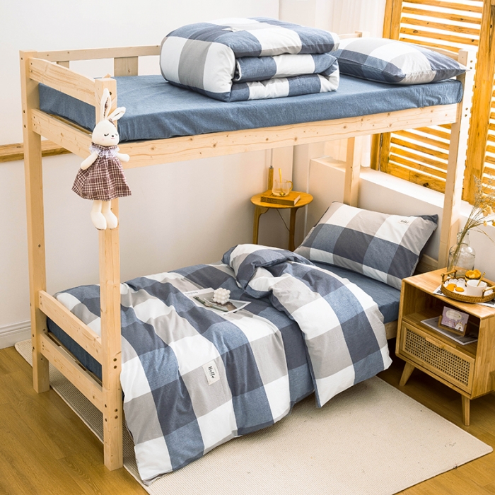 91家纺网 家纺一手货源 找家纺 柠萌 新款A类全棉色织水洗棉学生上下铺全棉三件套 蓝大格