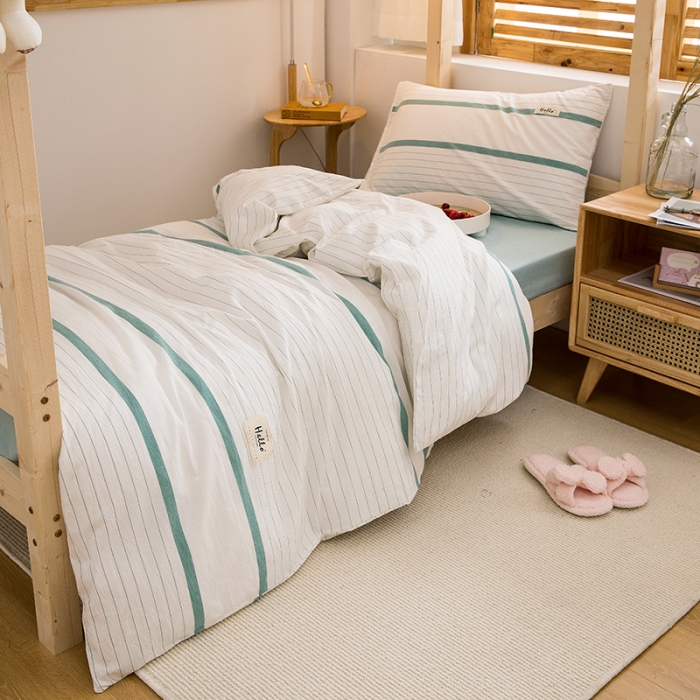 91家纺网 家纺一手货源 找家纺 柠萌 新款A类全棉色织水洗棉学生上下铺全棉三件套 绿白细条