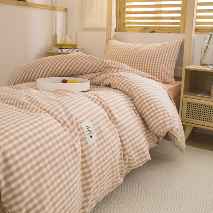 91家纺网 家纺一手货源 找家纺 柠萌 新款A类全棉色织水洗棉学生上下铺全棉三件套 蜜粉小格