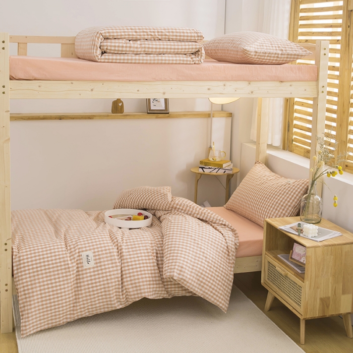 91家纺网 家纺一手货源 找家纺 柠萌 新款A类全棉色织水洗棉学生上下铺全棉三件套 蜜粉小格