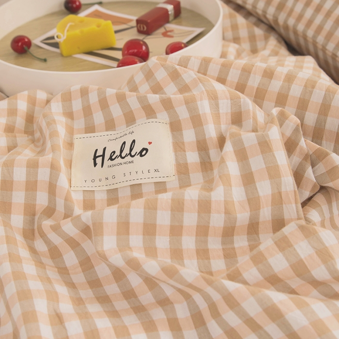 91家纺网 家纺一手货源 找家纺 柠萌 新款A类全棉色织水洗棉学生上下铺全棉三件套 蜜粉小格