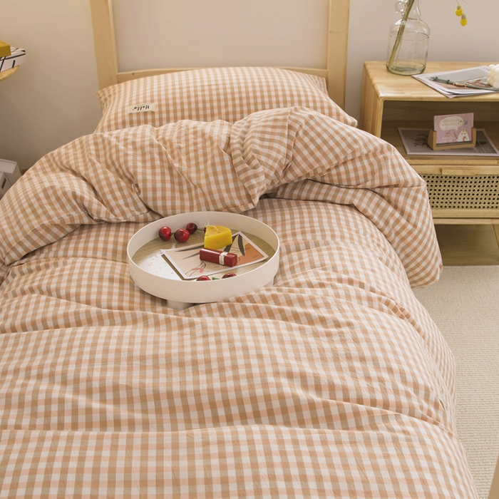 91家纺网 家纺一手货源 找家纺 柠萌 新款A类全棉色织水洗棉学生上下铺全棉三件套 蜜粉小格