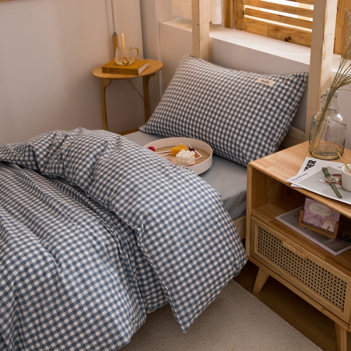 91家纺网 家纺一手货源 找家纺 柠萌 新款A类全棉色织水洗棉学生上下铺全棉三件套 浅蓝小格