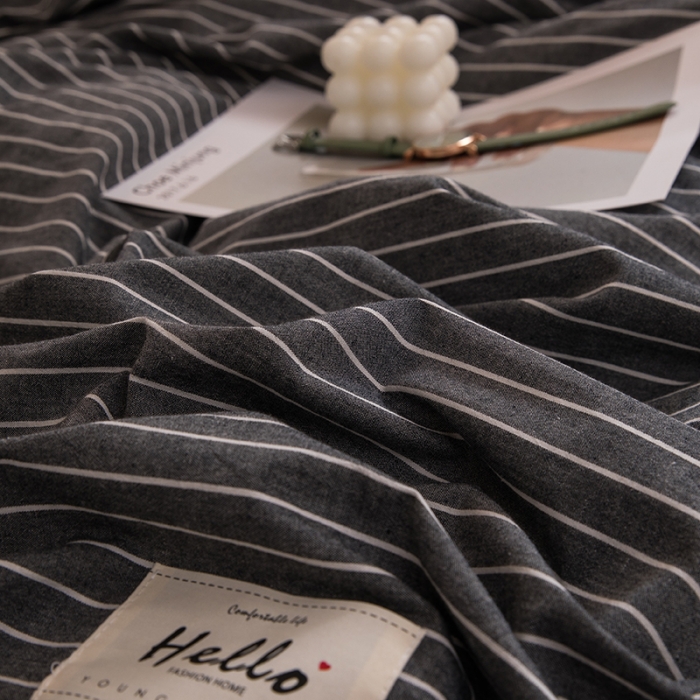91家纺网 家纺一手货源 找家纺 柠萌 新款A类全棉色织水洗棉学生上下铺全棉三件套 中条纹深灰