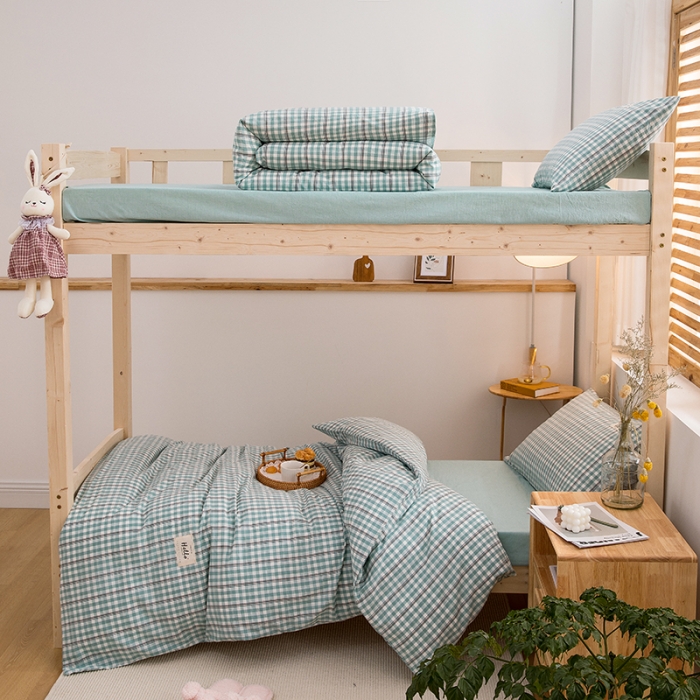 91家纺网 家纺一手货源 找家纺 柠萌 新款A类全棉色织水洗棉学生上下铺全棉三件套 海蓝小格