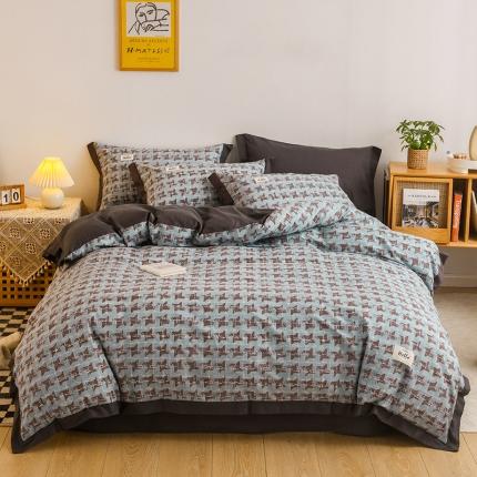 91家纺网 家纺一手货源 找家纺 （总）花言狐语2025新款全棉色布13372拼角工艺款四件套