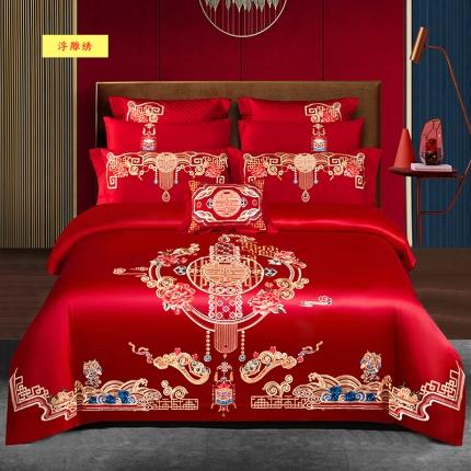 91家纺网 家纺一手货源 找家纺 柏拉图 2022新款100支贡缎长绒棉婚庆四件套 家有囍事