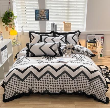 91家纺网 家纺一手货源 找家纺 （总）艺玲 2022新款韩版复古水洗棉磨毛黑白系列四件套