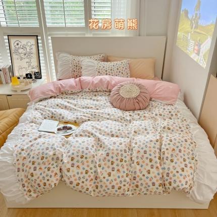 91家纺网 家纺一手货源 找家纺 顾里 2023新款法式甜美褶边全棉四件套-复古碎花系第一批 花房萌熊