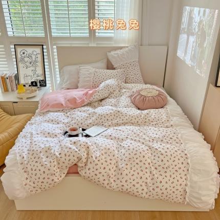 91家纺网 家纺一手货源 找家纺 顾里 2023新款法式甜美褶边全棉四件套-复古碎花系第一批 樱桃兔兔