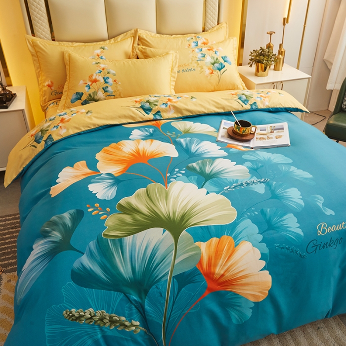 91家纺网 家纺一手货源 找家纺 2023直播爆款140新款高端数码印花四季棉四件套多彩银杏