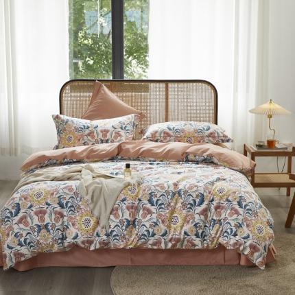 91家纺网 家纺一手货源 找家纺 由丽 2025新款全棉铂金棉精梳臻棉印花四件套被套放缩水春杏