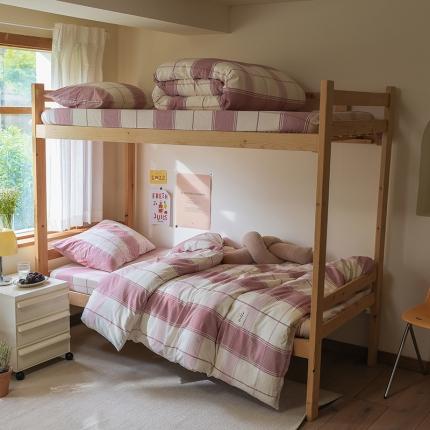 91家纺网 家纺一手货源 找家纺 寐眠 2022新款色织水洗棉学生三件套套件 摩卡粉格