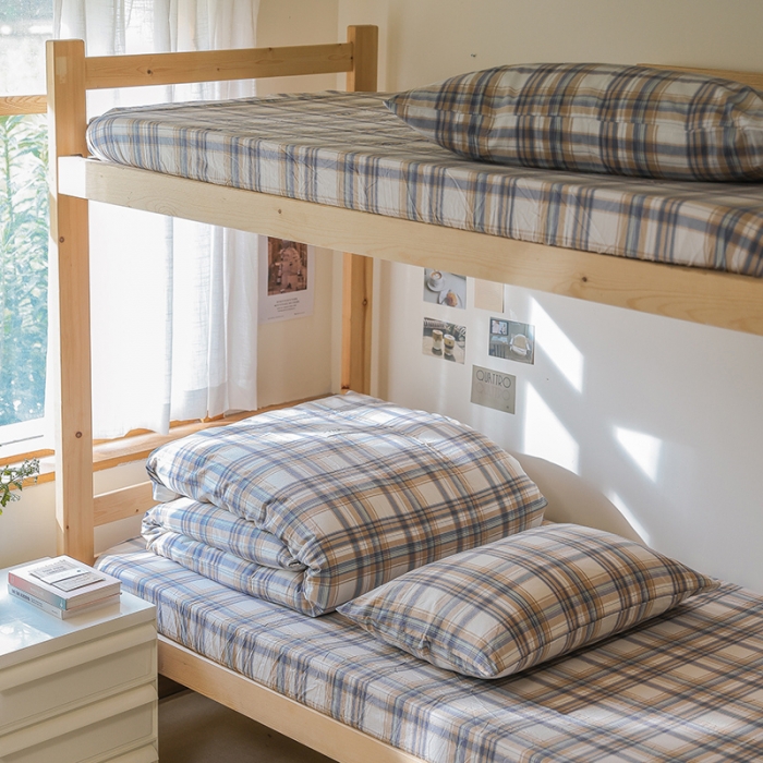 91家纺网 家纺一手货源 找家纺 寐眠 2022新款色织水洗棉学生三件套套件 春彩咖格