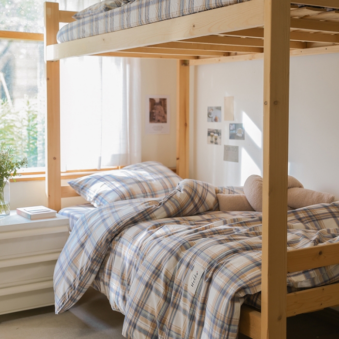 91家纺网 家纺一手货源 找家纺 寐眠 2022新款色织水洗棉学生三件套套件 春彩咖格