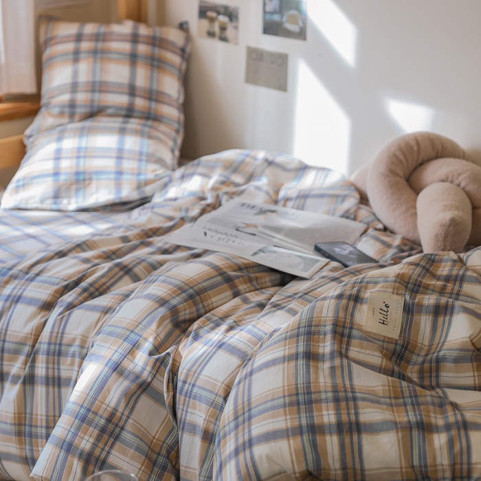 91家纺网 家纺一手货源 找家纺 寐眠 2022新款色织水洗棉学生三件套套件 春彩咖格