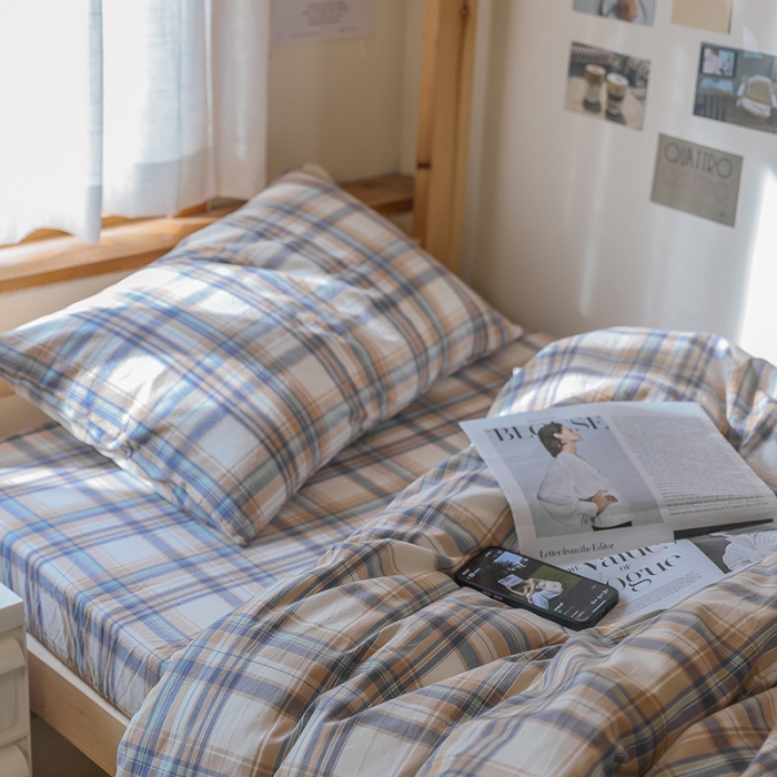 91家纺网 家纺一手货源 找家纺 寐眠 2022新款色织水洗棉学生三件套套件 春彩咖格