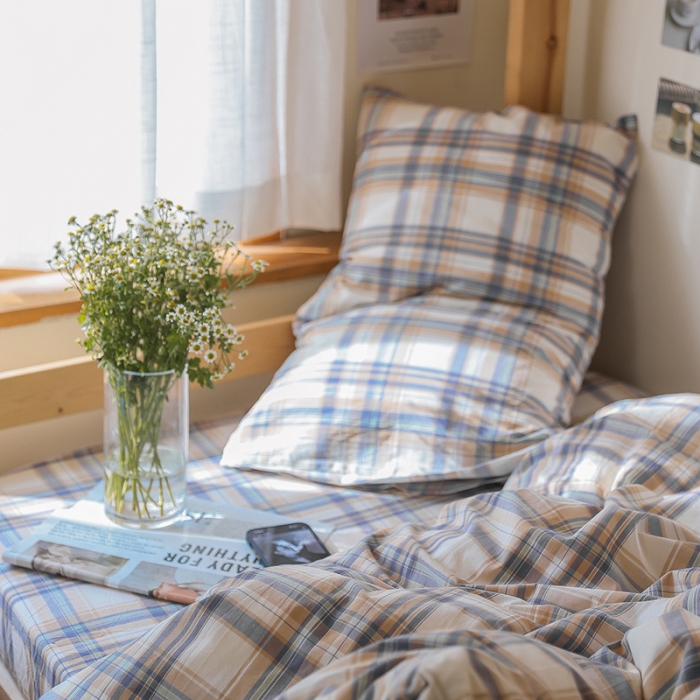 91家纺网 家纺一手货源 找家纺 寐眠 2022新款色织水洗棉学生三件套套件 春彩咖格