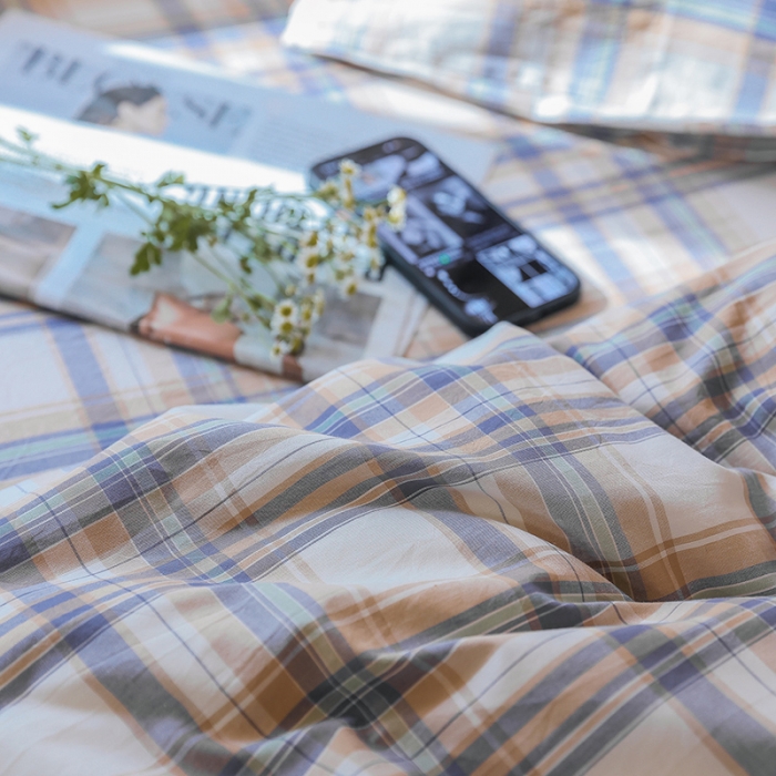 91家纺网 家纺一手货源 找家纺 寐眠 2022新款色织水洗棉学生三件套套件 春彩咖格