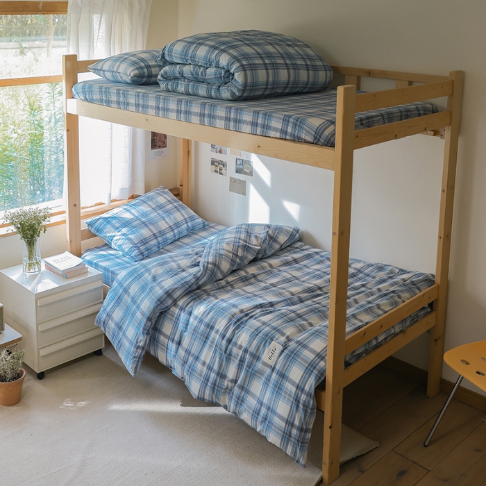 91家纺网 家纺一手货源 找家纺 寐眠 2022新款色织水洗棉学生三件套套件 春彩蓝格