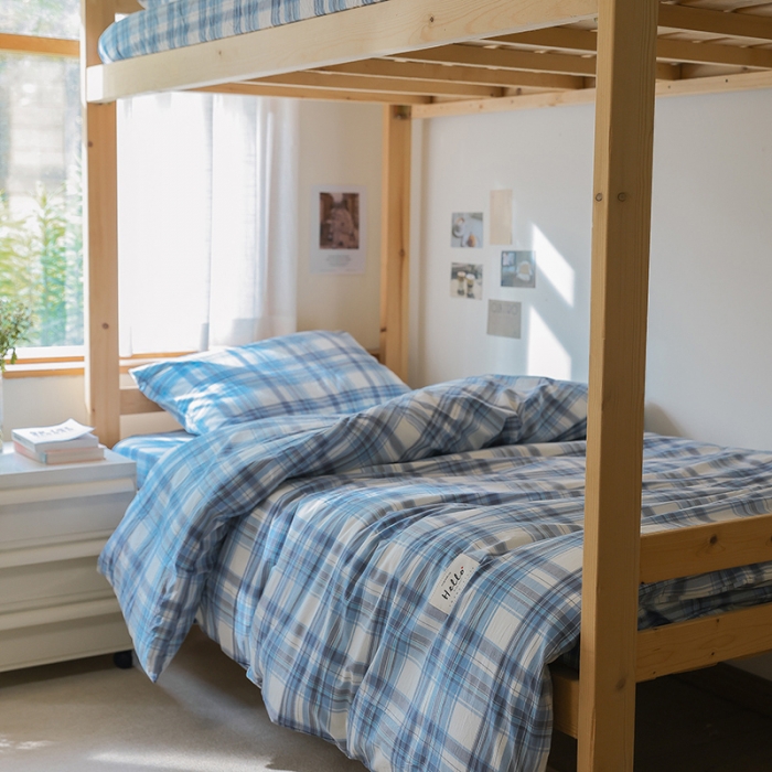 91家纺网 家纺一手货源 找家纺 寐眠 2022新款色织水洗棉学生三件套套件 春彩蓝格