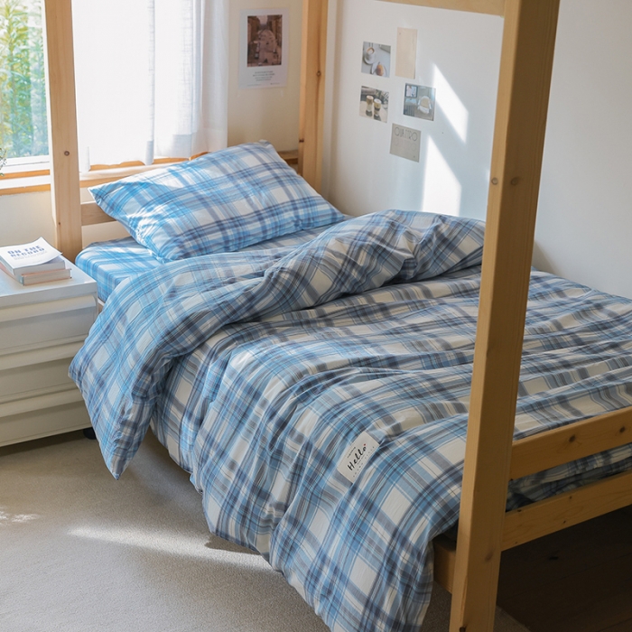 91家纺网 家纺一手货源 找家纺 寐眠 2022新款色织水洗棉学生三件套套件 春彩蓝格