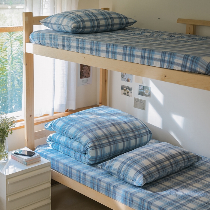 91家纺网 家纺一手货源 找家纺 寐眠 2022新款色织水洗棉学生三件套套件 春彩蓝格