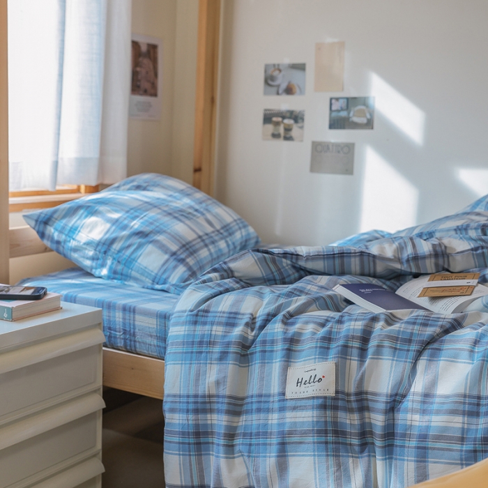 91家纺网 家纺一手货源 找家纺 寐眠 2022新款色织水洗棉学生三件套套件 春彩蓝格