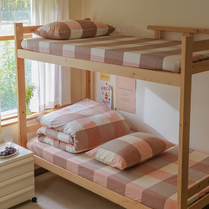 91家纺网 家纺一手货源 找家纺 寐眠 2022新款色织水洗棉学生三件套套件 粉大格