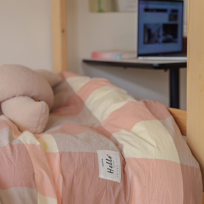 91家纺网 家纺一手货源 找家纺 寐眠 2022新款色织水洗棉学生三件套套件 粉大格