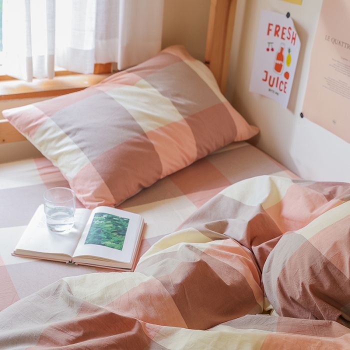 91家纺网 家纺一手货源 找家纺 寐眠 2022新款色织水洗棉学生三件套套件 粉大格