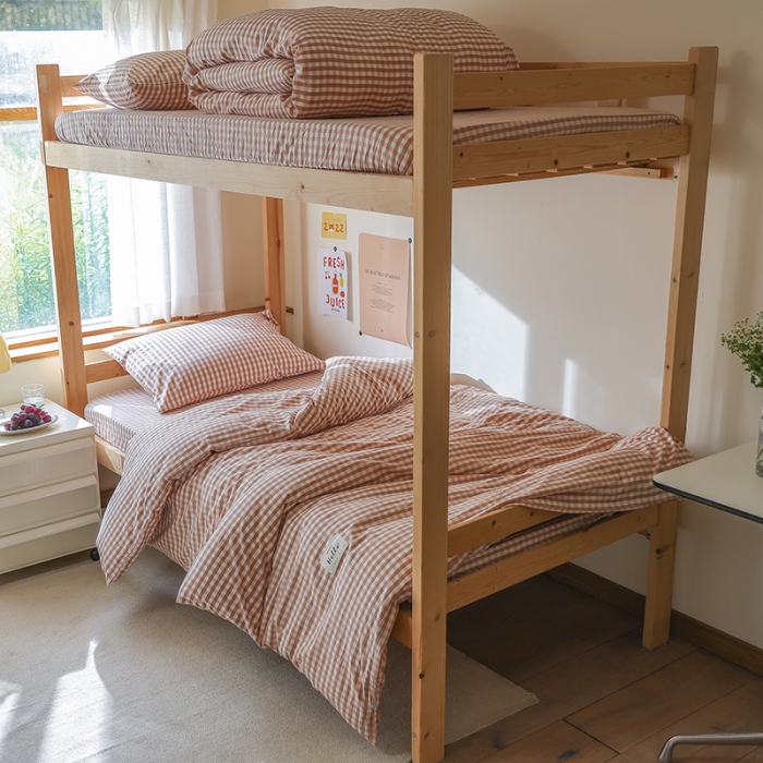 91家纺网 家纺一手货源 找家纺 寐眠 2022新款色织水洗棉学生三件套套件 粉小格