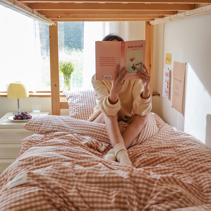 91家纺网 家纺一手货源 找家纺 寐眠 2022新款色织水洗棉学生三件套套件 粉小格