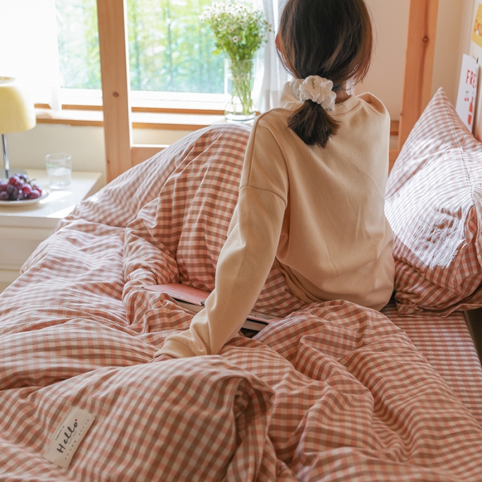 91家纺网 家纺一手货源 找家纺 寐眠 2022新款色织水洗棉学生三件套套件 粉小格