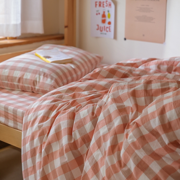 91家纺网 家纺一手货源 找家纺 寐眠 2022新款色织水洗棉学生三件套套件 粉中格