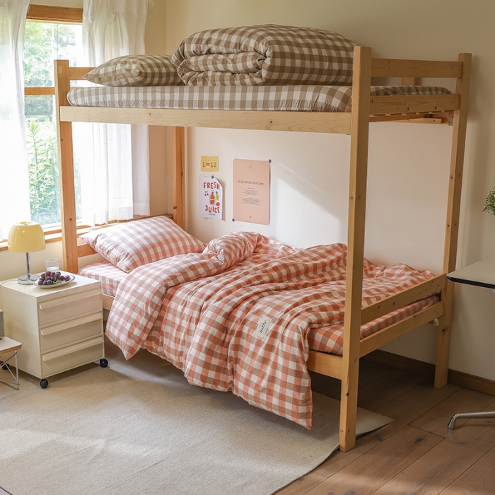 91家纺网 家纺一手货源 找家纺 寐眠 2022新款色织水洗棉学生三件套套件 粉中格