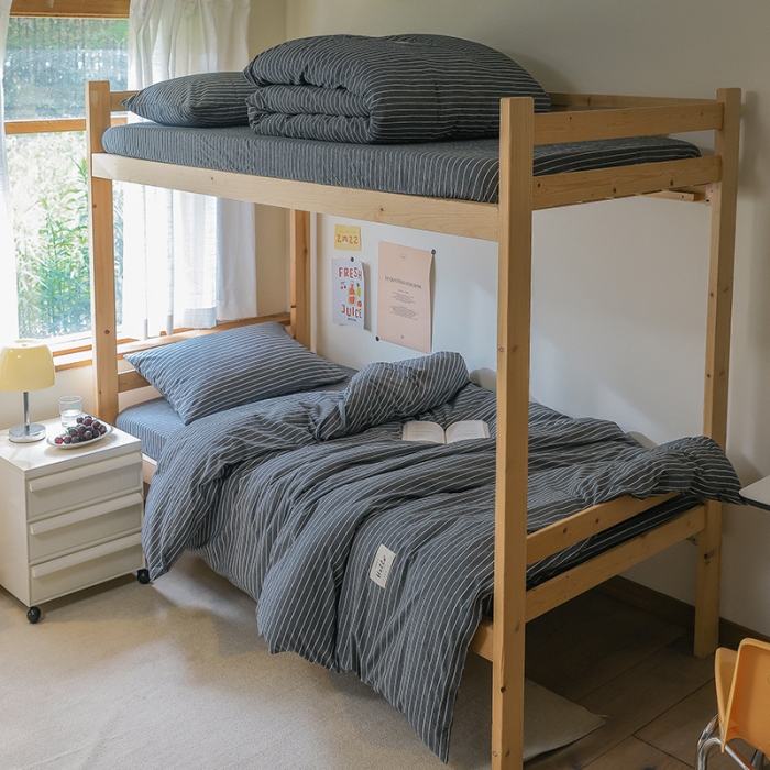 91家纺网 家纺一手货源 找家纺 寐眠 2022新款色织水洗棉学生三件套套件 灰细条