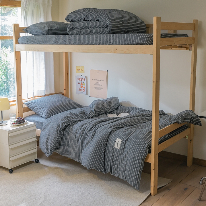 91家纺网 家纺一手货源 找家纺 寐眠 2022新款色织水洗棉学生三件套套件 灰细条