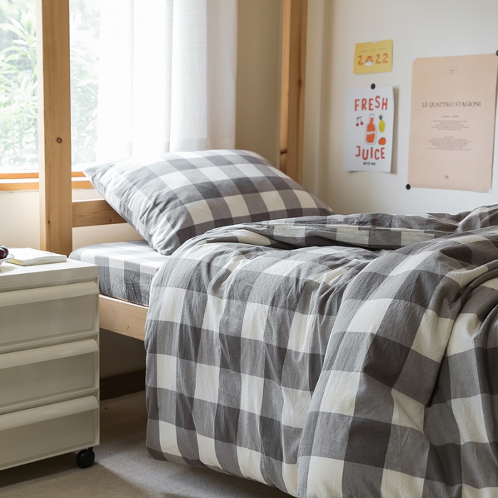 91家纺网 家纺一手货源 找家纺 寐眠 2022新款色织水洗棉学生三件套套件 灰中格