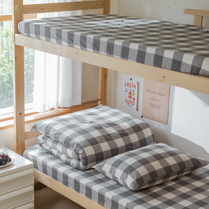 91家纺网 家纺一手货源 找家纺 寐眠 2022新款色织水洗棉学生三件套套件 灰中格