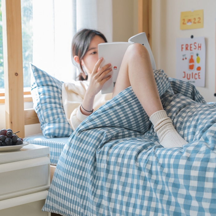 91家纺网 家纺一手货源 找家纺 寐眠 2022新款色织水洗棉学生三件套套件 渐变蓝格