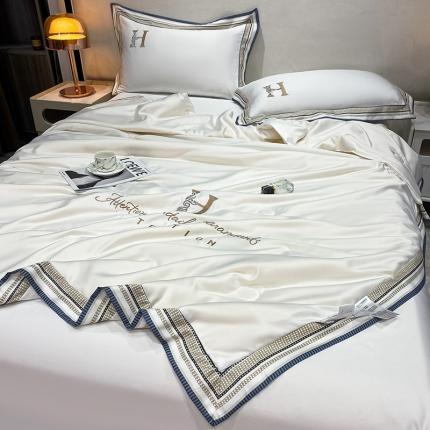 91家纺网 家纺一手货源 找家纺 丽卡家纺2023新款水洗天丝刺绣夏被四件套 华尔兹-奶白色