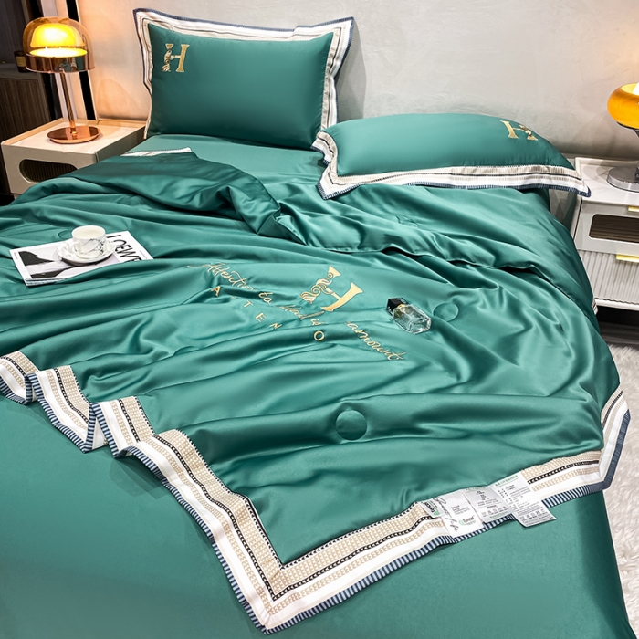 91家纺网 家纺一手货源 找家纺 丽卡家纺 2023新款水洗天丝刺绣夏被四件套 华尔兹-黛绿