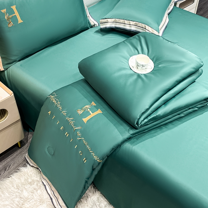 91家纺网 家纺一手货源 找家纺 丽卡家纺 2023新款水洗天丝刺绣夏被四件套 华尔兹-黛绿